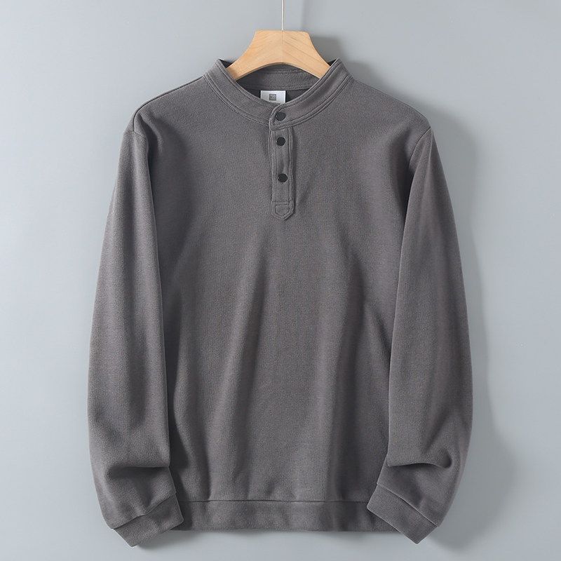 Export Cut Label Cattle Goods Three Buttons Long Sleeves Men T-Shirt Tail Single Spring and Autumn Round Neck Combed Cotton Bottoming Shirt Tide