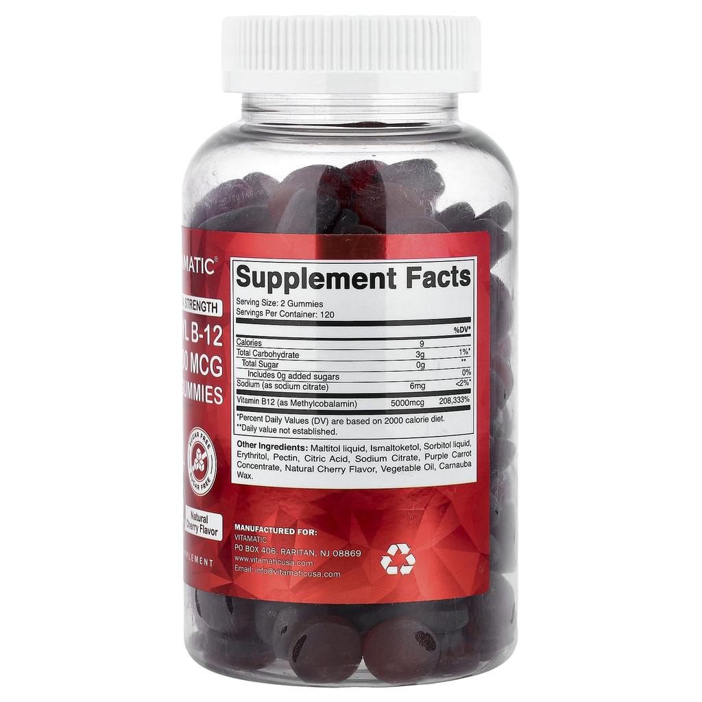 Vitamatic, Methyl B-12 Gummies, Natural Cherry, Sugar-Free, 240 Gummies (2,500mg per Gummi)