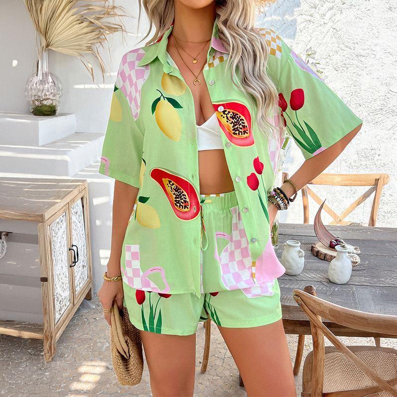 

Spring and Summer Women s Clothing Fashion PO MY Xiya Casual Vacation Style Printing Color Contrast Short Blouse and Pants Green Bottom fruit flower S