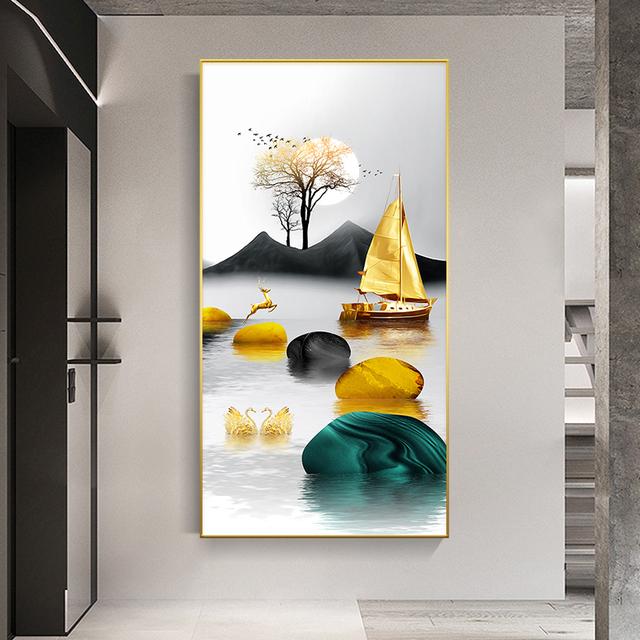New Chinese Gold Ship Abstract Boat Canvas Painting Wall Art Zen Stone Rich Tree Posters and Prints for Living Room Decor Quadro