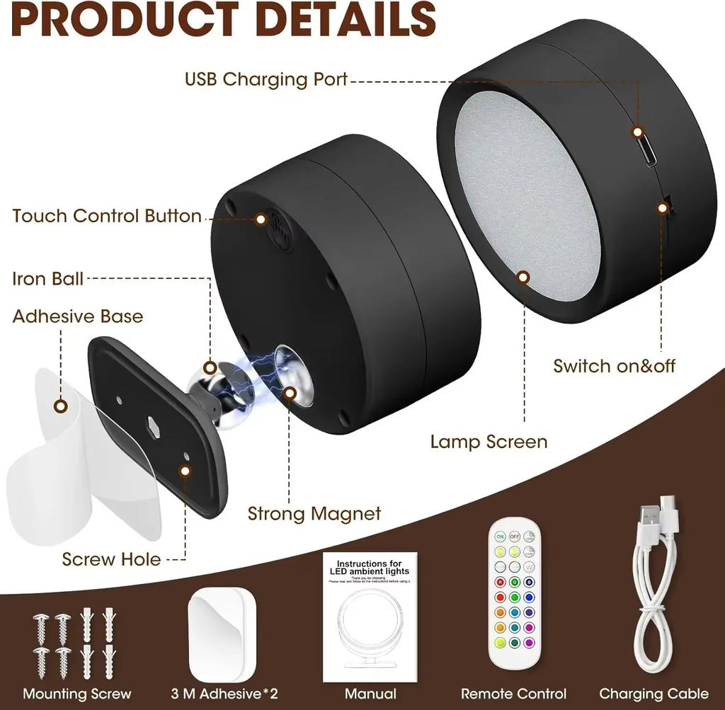 Rechargeable Wireless Wall Lamp,LED Wall Sconce 360° Rotation Nordic Modern Nordic Bedroom Lighting for Hallway Corridor Stairs