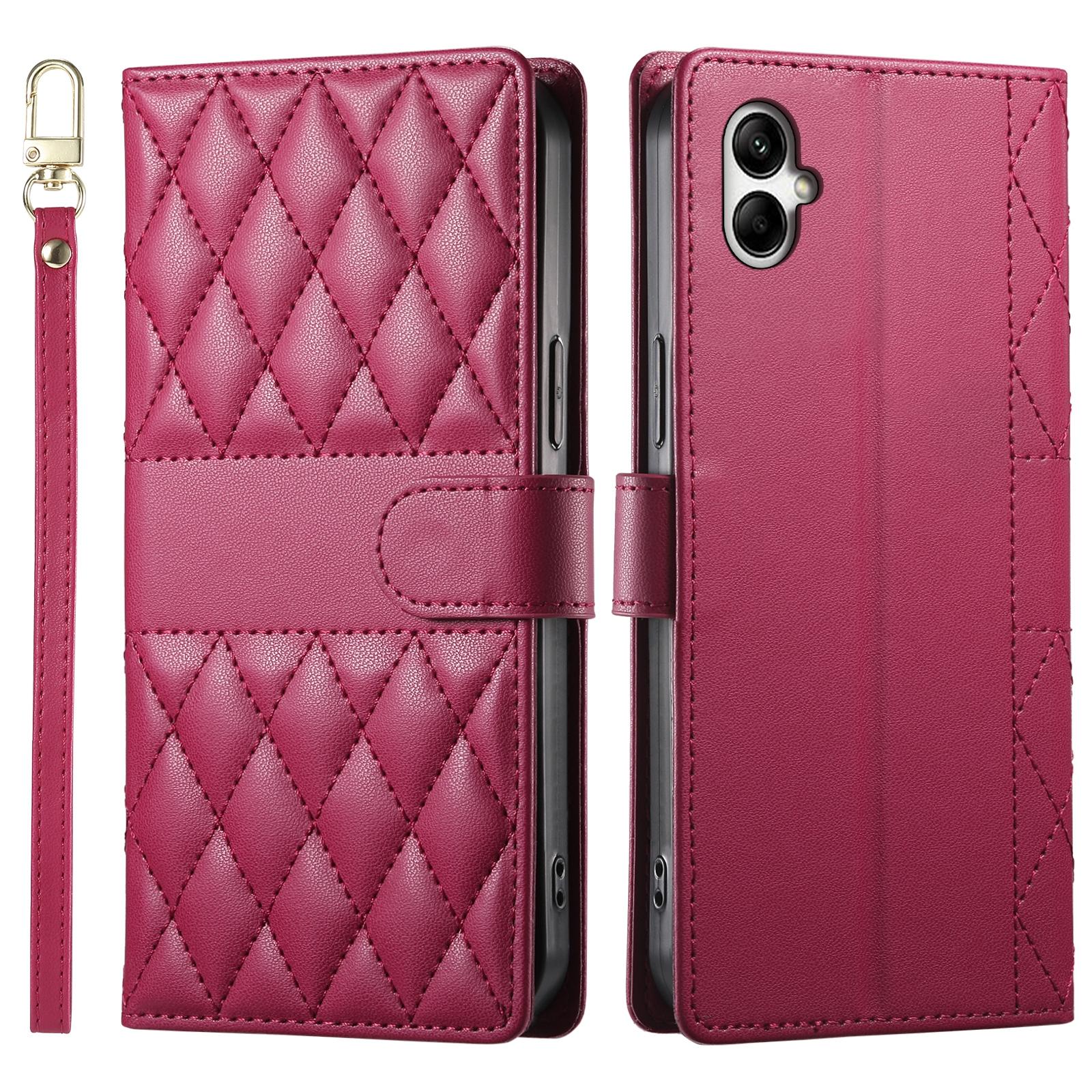 

For Samsung Galaxy A05 4G Case Rhombus Stitching Wallet Stand Leather Phone Cover with Long/Short Strap Red