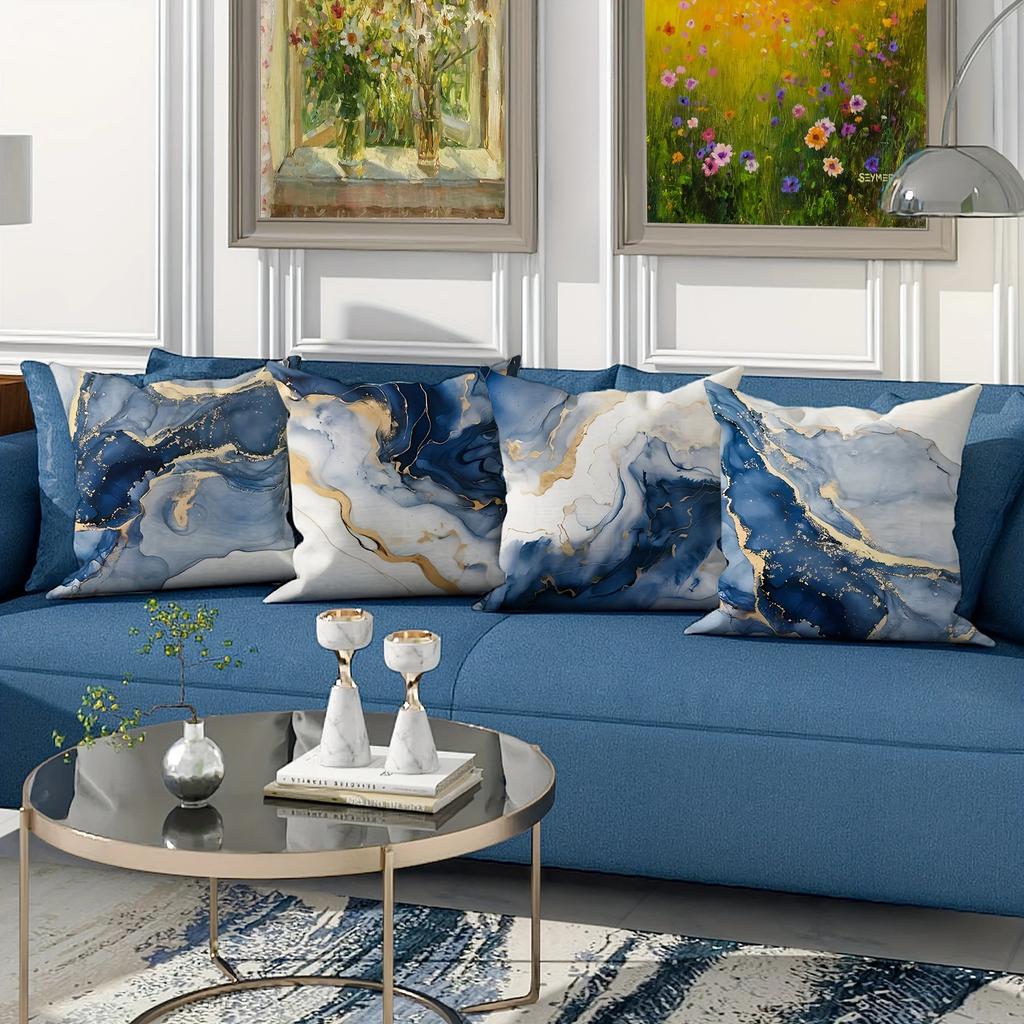 Blue and White Marble Pillowcase, Pillowcase Ultra Soft Polyester Material Living Room Sofa Back Car Pillowcase Decoration