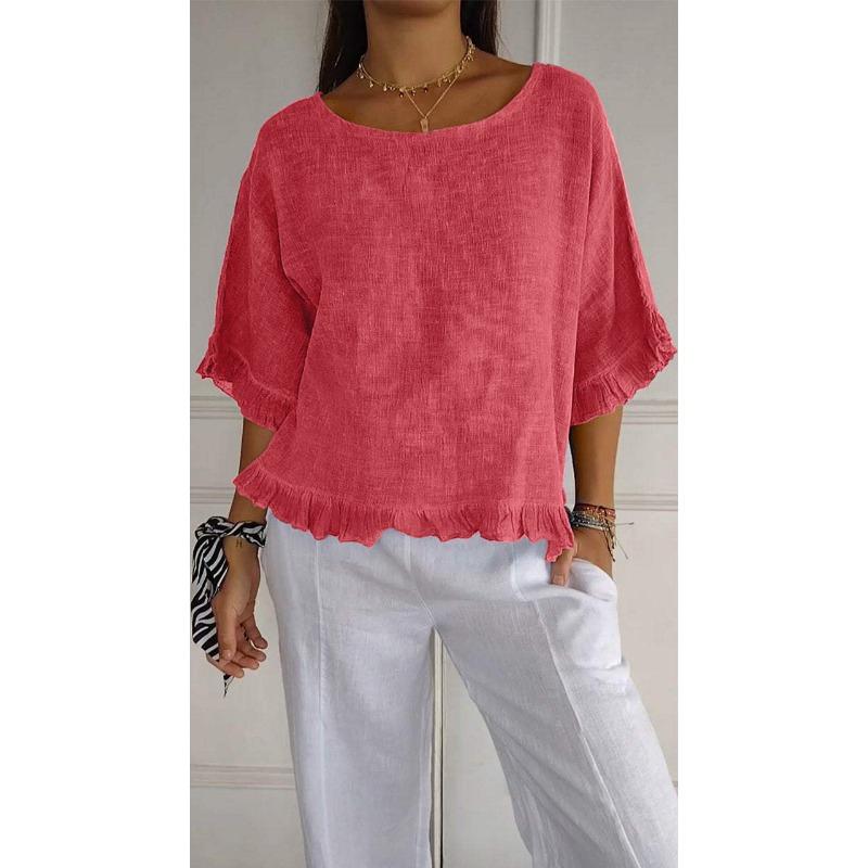 Women's Casual Loose Fit Cotton Linen T-Shirt with Frayed Hem