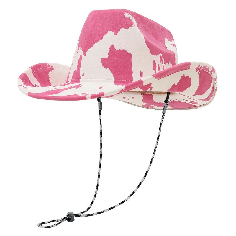 

GEMVIE Cow Printed Fedora Hat fo Women Men Wide Brim Cowgirl Felt Hat Cowboy Hats with Windproof String 56-58cm рожевий