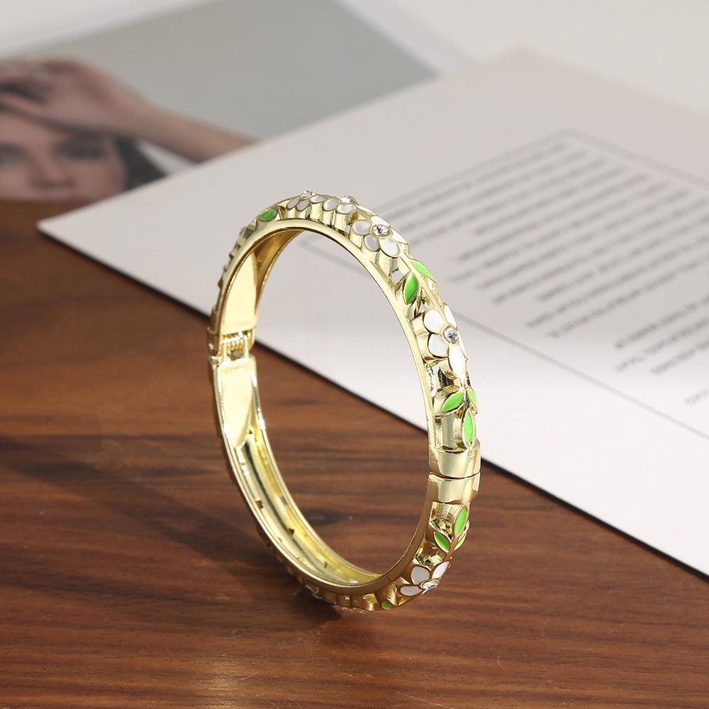 Retro Chinese Ethnic Style Enamel Bracelet with Floral Inlays and Artistic Open Design