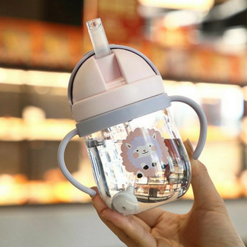 250Ml Cartoon Pattern Outdoor Child Drinking Bottle Straw Cup With Suction Ball For Kids Training Portable Handle Water Bottle