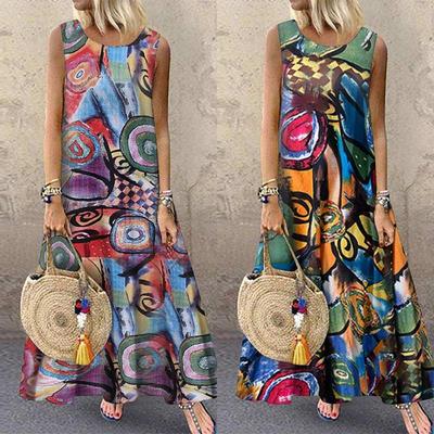 Summer Women O-neck Sleeveless Dress Vintage Print Dress Loose Casual Beach Long Dress