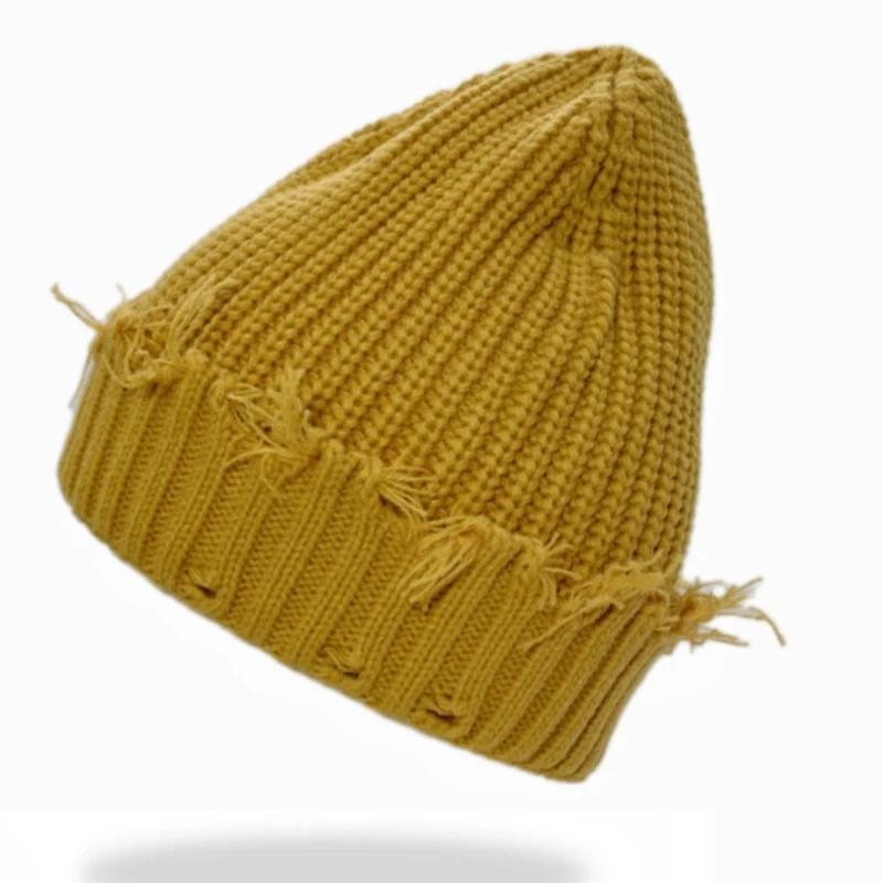 2025 New Fall and Winter Hip Hop Trend Broken Brim Knitted Hat Woman Man Green Grey Black White Hole Cap Warm Hat Bonnets Fall