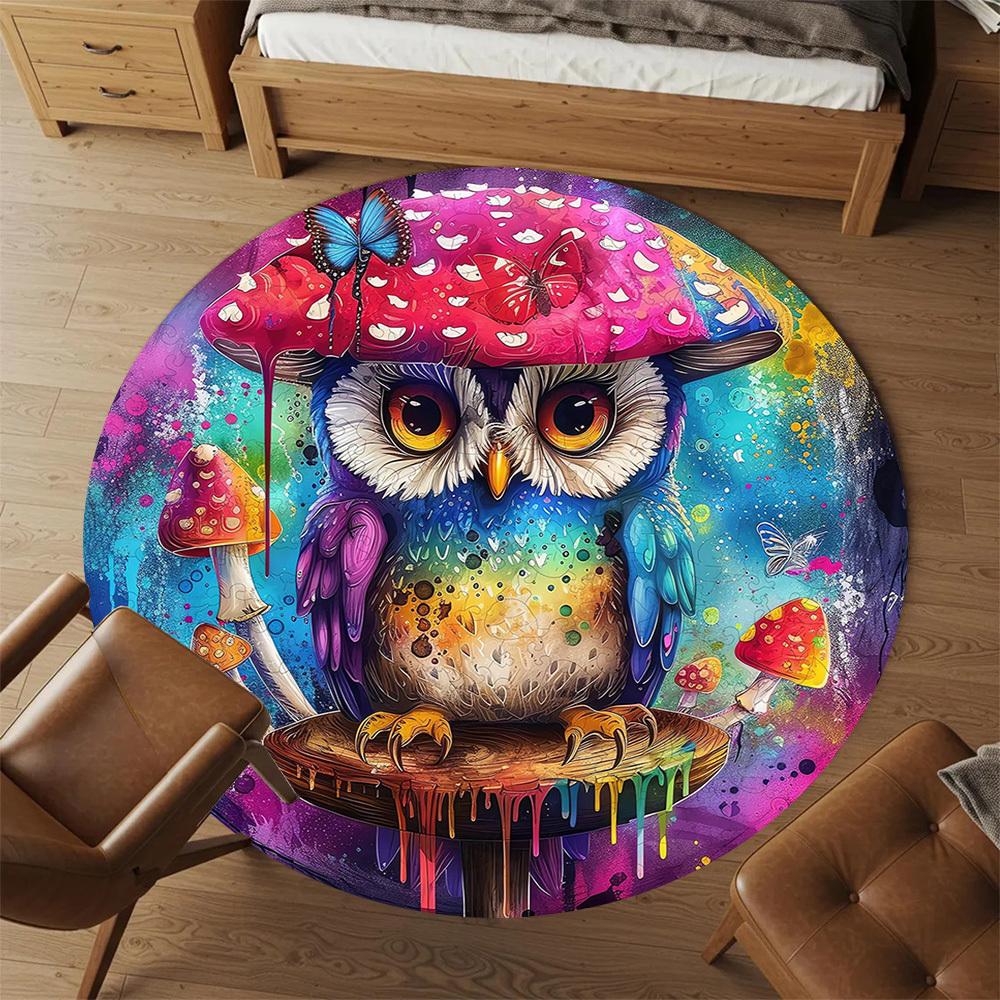1pc Owl Mushroom Pattern Office Round Rugs, Under Chair Round Rugs for Living Room, Bedroom, Bathroom Decoration Carpet 091849