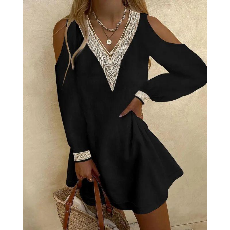 

A Strapless Dress 2025 Summer New off-the-Shoulder V-neck Print Fairy Dress Large Swing Dress Black L