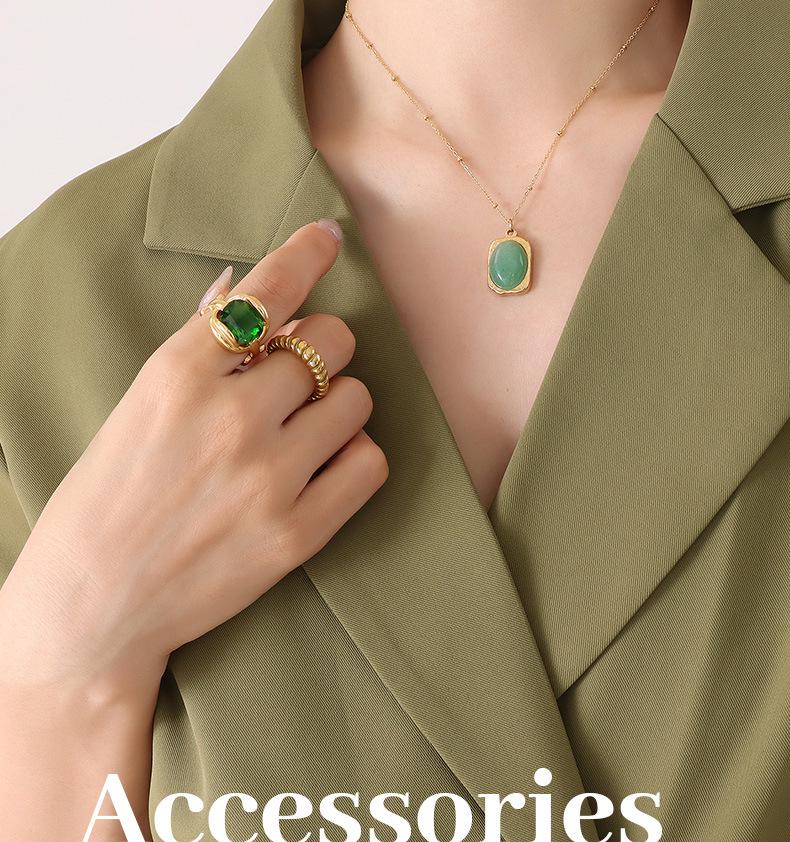 18K Gold-Plated Titanium Steel Necklace with Square Pendant and Natural Stone Inlay