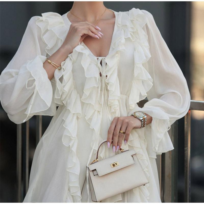 Summer Women Solid Color Pleated Dress Elegant Ruffles V-neck Long Sleeve Mini Dress Fashion Female Fold Casual Beach Party Dress