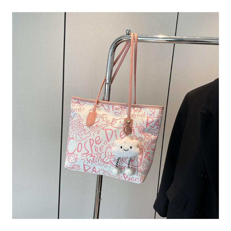 Chic 2026 Graffiti Print Faux Leather Tote Bag for Women, Spacious Casual Shoulder Handbag, Trendy Daily Commute Underarm Bag CLE