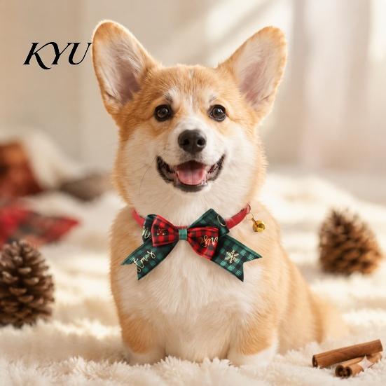 Holiday Gift for Pets Christmas Bow Pet Collar, Adjustable Cat Collar with And Bell, Festive Costume Plaid Print Cats, Small Dogs, Wear Dog Neck Strap
