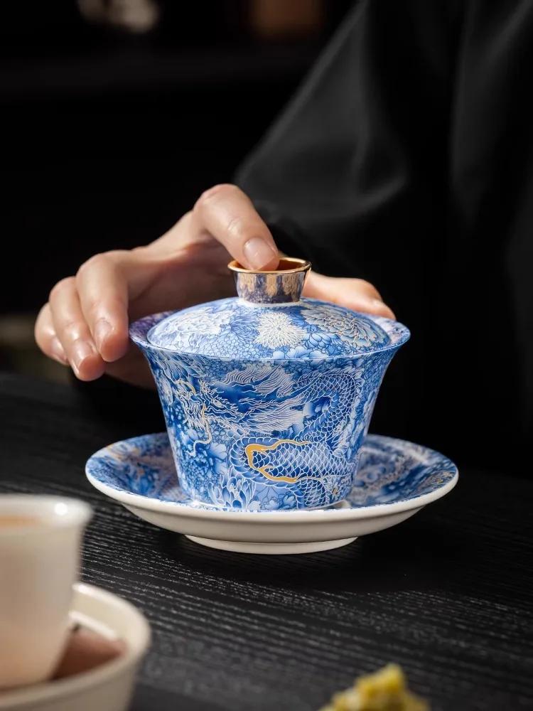 1 Set San Cai Gai Bowl Tea Cup Single High End Household Hovering Rotating Tea Bowl Anti Scalding Ceramic Kung Fu Tea Set