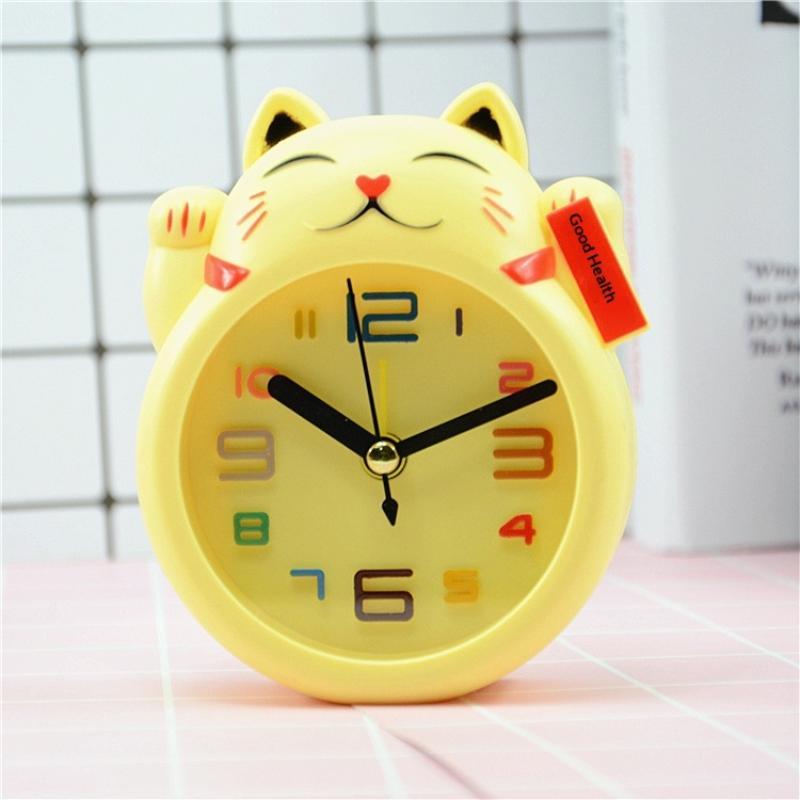 Cute Lucky Cat Alarm Clock Quiet Non-Ticking Movement Kawaii Design for Kids Bedside Nightstand Decor