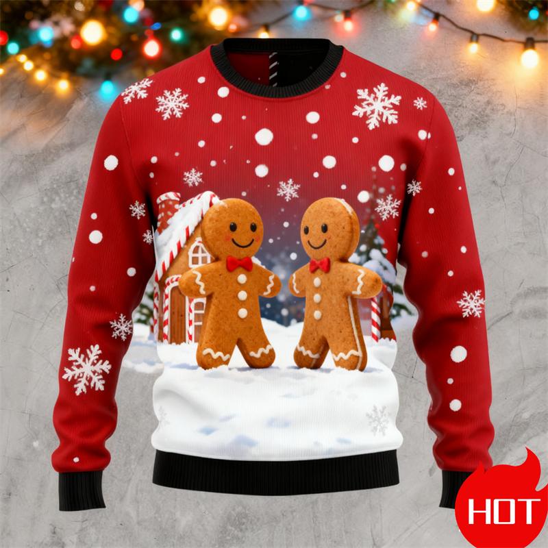 Autumn New Gingerbread Man Print Christmas Sweater Funny Women Ugly Christmas Sweater Gift Tops Couple Crewneck Sweatshirt Tops