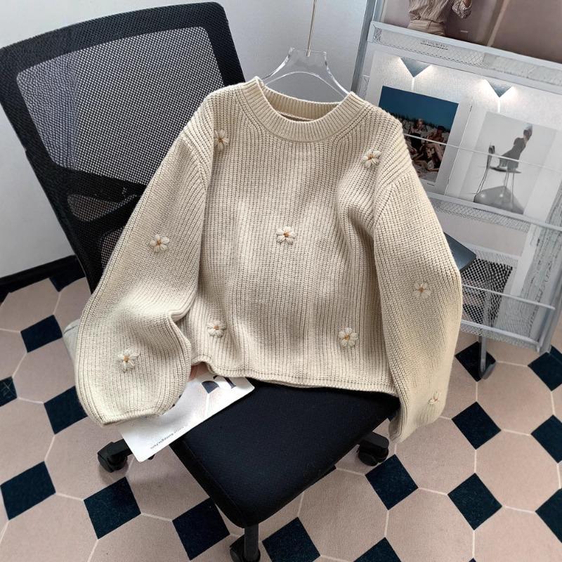 Γυναικείο Ρετρό Κεντημένο Φλοράλ Πουλόβερ για Φθινόπωρο και Χειμώνα, Χαλαρό και Άνετο Στυλ, Υψηλής Ποιότητας Κορεατικό Πλεκτό