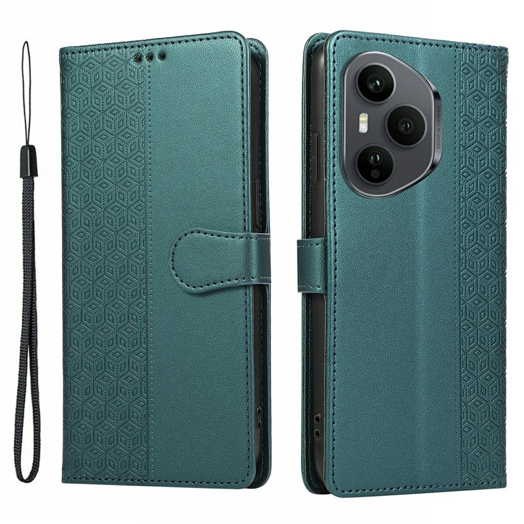 For Honor 400 Pro 5G (Global) Case Splicing Imprinted Rhombus Leather Phone Cover with Wrist Strap
