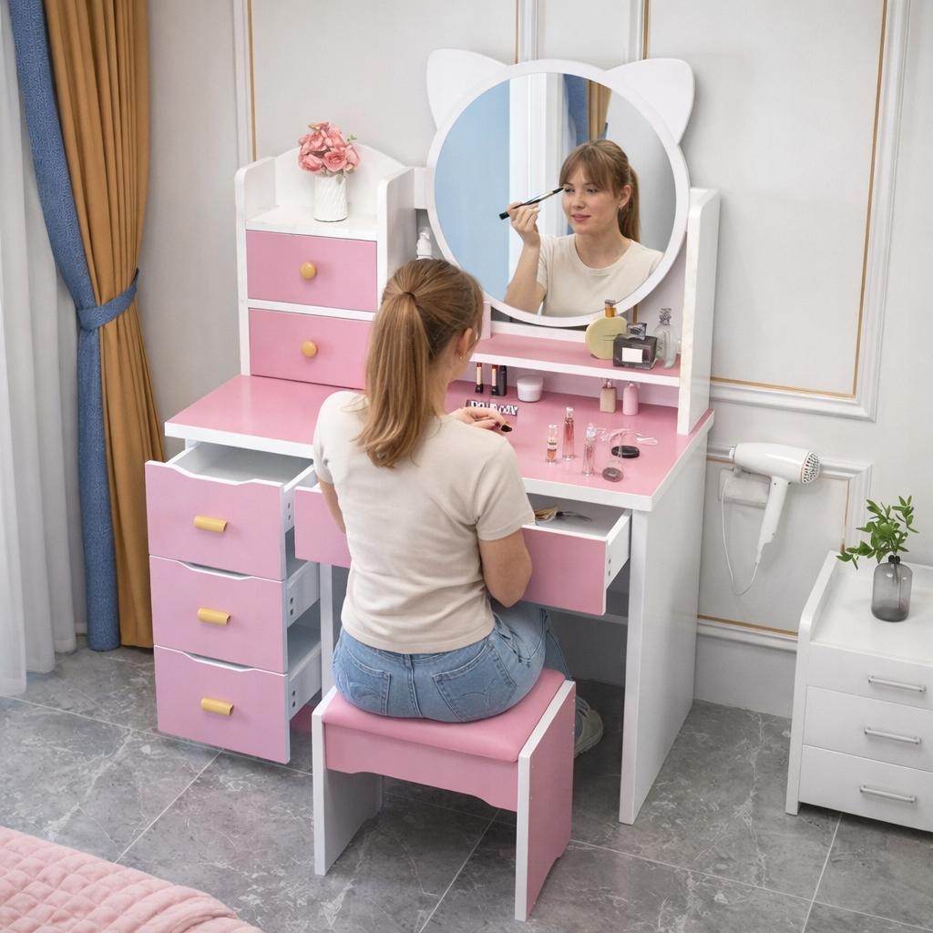 LED makeup vanity with mirror, pink cosmetic bag + girl's stool