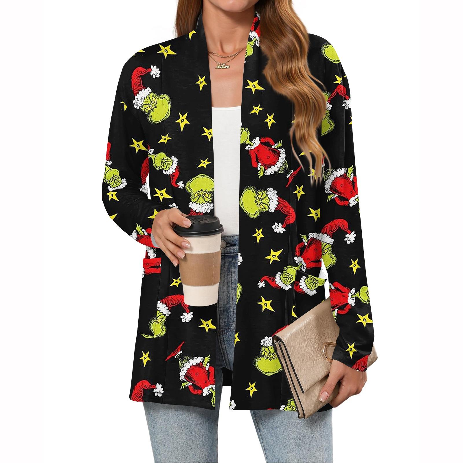 

Women s Christmas Printed Lightweight Cardigan Long Sleeved Casual Loose Thin Fit With Pockets Cardigan Jacket S