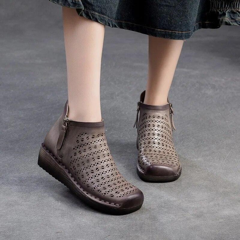 Johnature Genuine Leather Breathable Hollow Out Boots Retro Versatile Comfortable Women's Wedges Shoes