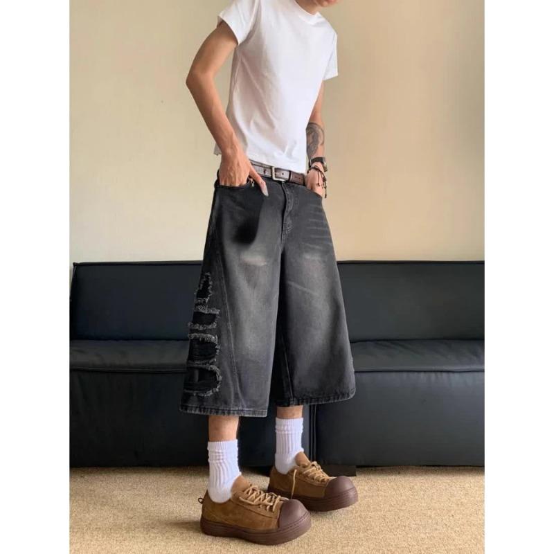 2024 Woman American Washed Denim Shorts Men Loose Cut Wide Leg Straight Leg Cropped Pants High Street Male New Fashion Chic