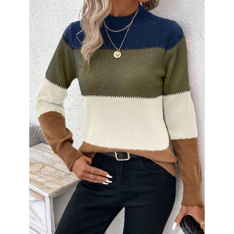 Womens Colorblock Knit Sweater Loose Fit Round Neck Long Sleeve Casual Pullover Winter