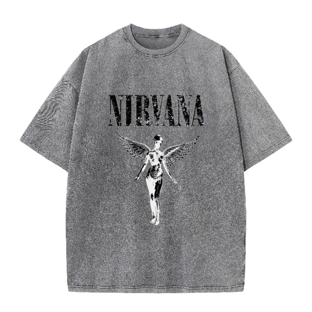 T-shirt Lavata Vintage Nirvana Punk Rock Angelo d'Argento Stampa Teschio Maniche Corte Larghe