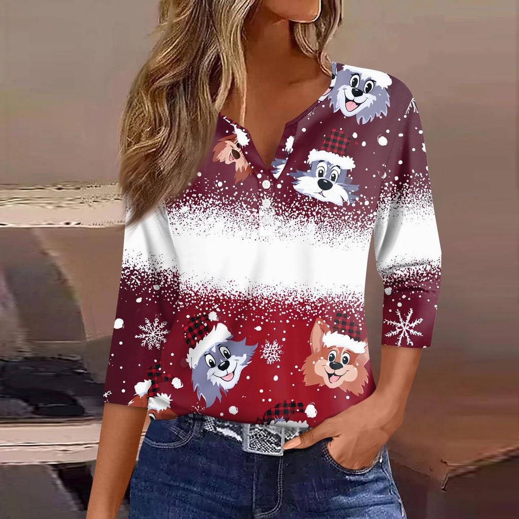 Women's T Shirt Tee Christmas Printed Button 3/4 Sleeve Tunic Daily Weekend Fashion Basic V- Neck Regular Top