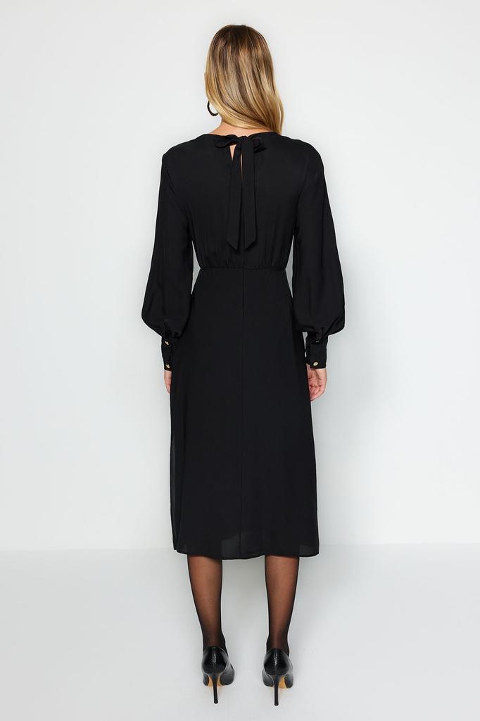 Kleid im Damenstil Schwarzes gewebtes Midikleid mit Schlitz