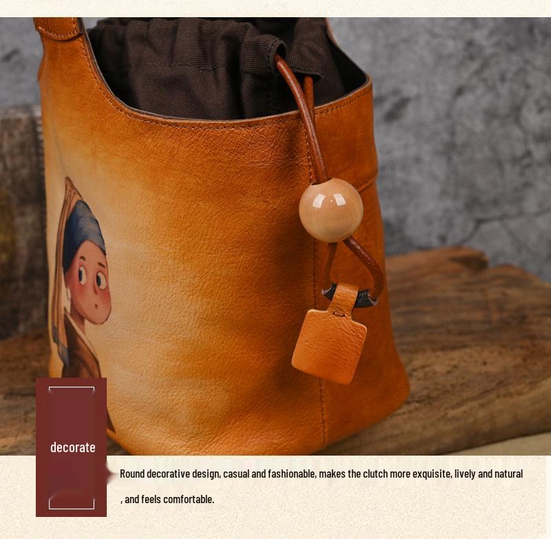Vintage Floral Print Handmade Cowhide Leather Bucket Bag