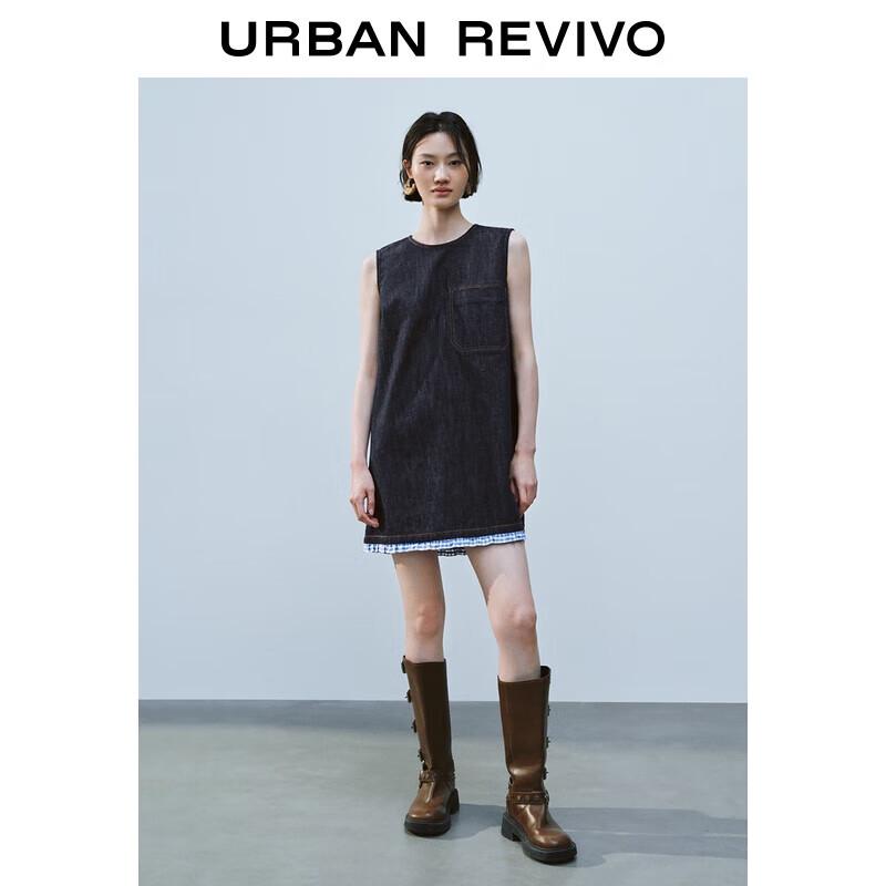 

Women s Casual Sleeveless Plaid Patchwork Denim Dress XS