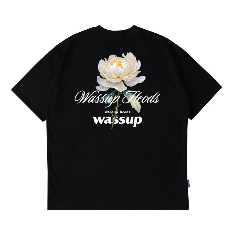 Wassup Flower Language Blooms Couple Versatile Short-Sleeve T-Shirt Summer Heavyweight National Trend Tee Unisex Crew Neck Top