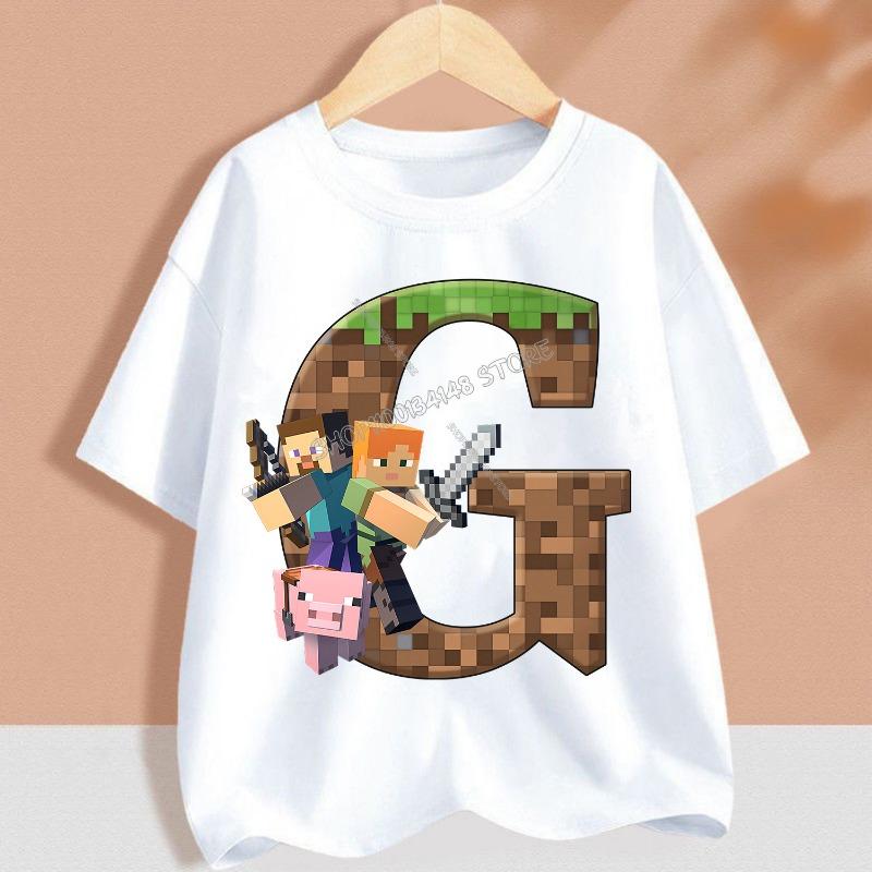 Hot Pixel Game T-shirt Children A-Z Letter White Clothes Cartoon Round Collar Clothing New Kids Short Sleeve Summer Tee Top Gift