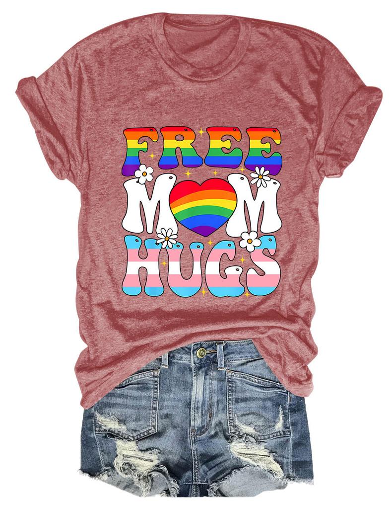 Summer New Shortsleeved Casual Tshirt Free Mom Hugs Print Loose Crew Neck Fashion Top Jumper