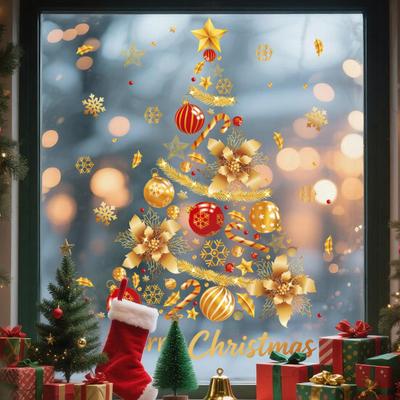 2/4Pcs Golden Christmas Tree Window Cling Removable Waterproof Merry Xmas Tree Static Glass Sticker Holiday Party Decoration Decal