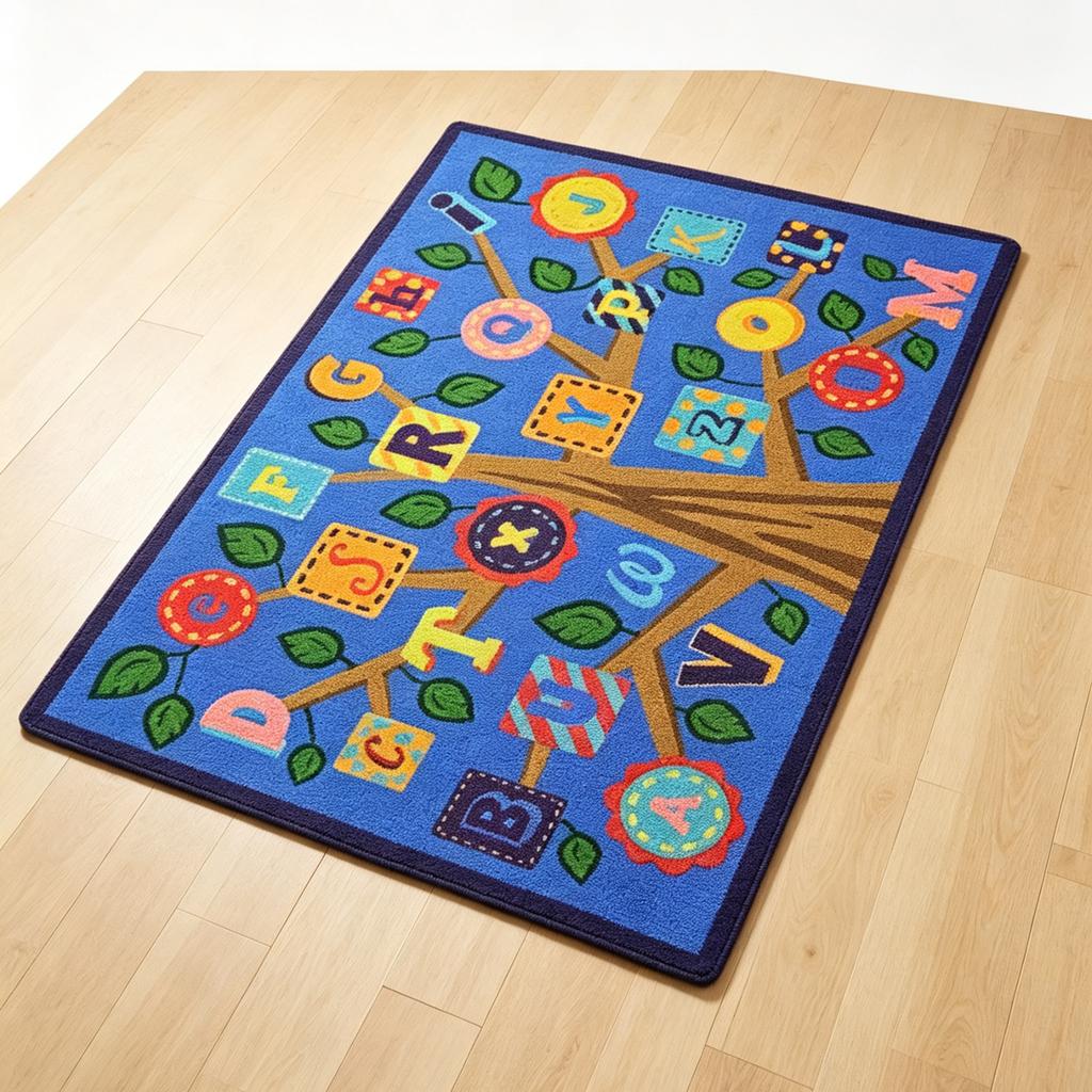 Living Room Rug Alphabet Tree Carpet Blue Playroom Floor Mat Soft NonSlip Educational Study Classroom Area Mat