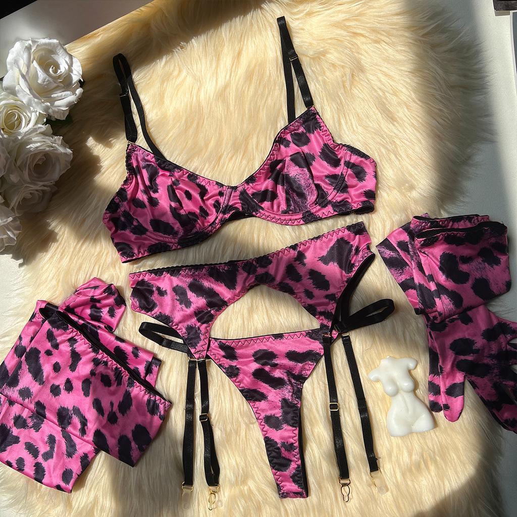 Hot Erotic Sexy Lingerie Sex Kit Pink Leopard Print Underwear Suit For Women Sexy Garters Stocking Combination Underwear Suit