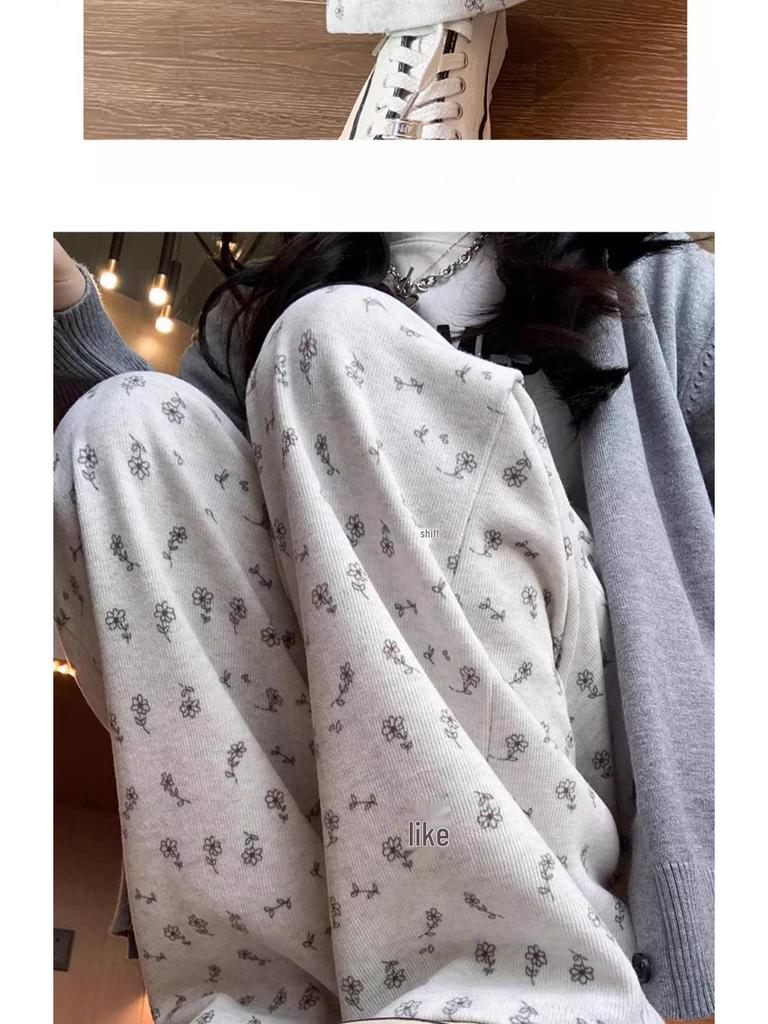 Petite White Floral Women's Summer Sweatpants, Thin Wide-Leg Loose Fit Joggers, XS