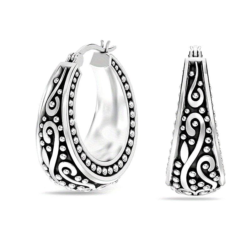 Bohemia Ethnic Style Silvery Plated Hand Carved Textured Hoop Earrings for Women's Vintage Concise Festival Jewelry Accessories