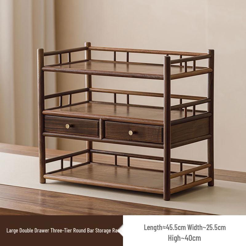 Guanlan Walnut Wood Tea Table with Double Drawer and Display Shelves for Tea Pot and Cup Storage