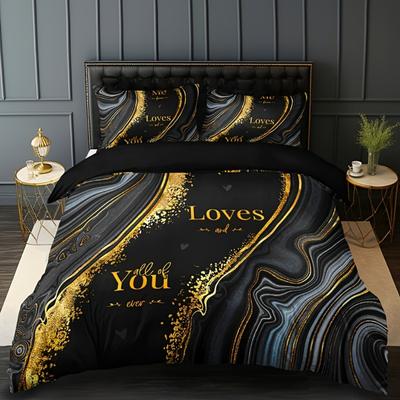 3-delige Zwart Goud Loves You 3D Geprinte Beddengoedset Comfortabel Dekbedovertrek King Queen Twin Maat Verjaardagscadeau Slaapkamer Decoratie