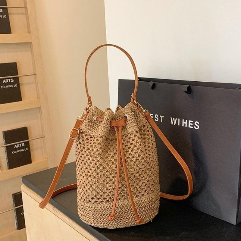 Hollowed-out Handheld Drawstring Style Women's Woven Vintage Fashion Niche Versatile Shoulder Crossbody Bucket Bag