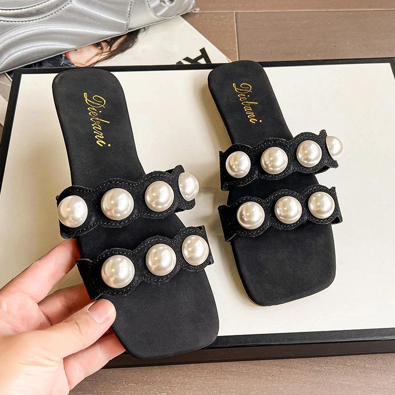 Fashion 2025 Open Toe Women's Slippers New Outdoor Daily Summer Plus Size String Bead Concise Soft Bottom Flat Slippers Zapatos