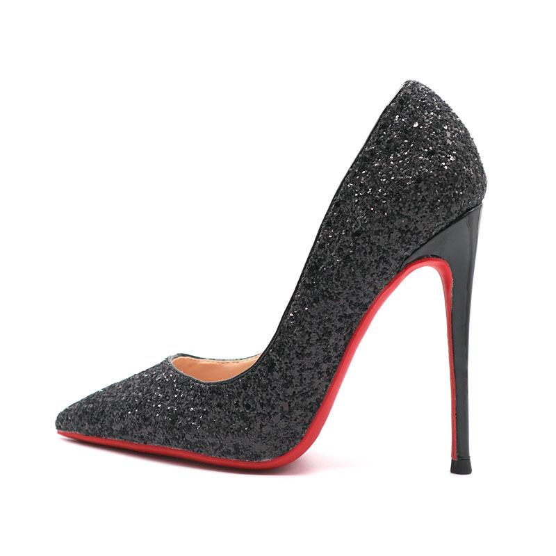 Black Red-soled High Heels Women's Stilettos 2025 Autumn and Winter New Sequined Crystal Wedding Shoes Pointed Professional Sexy Single Shoes
