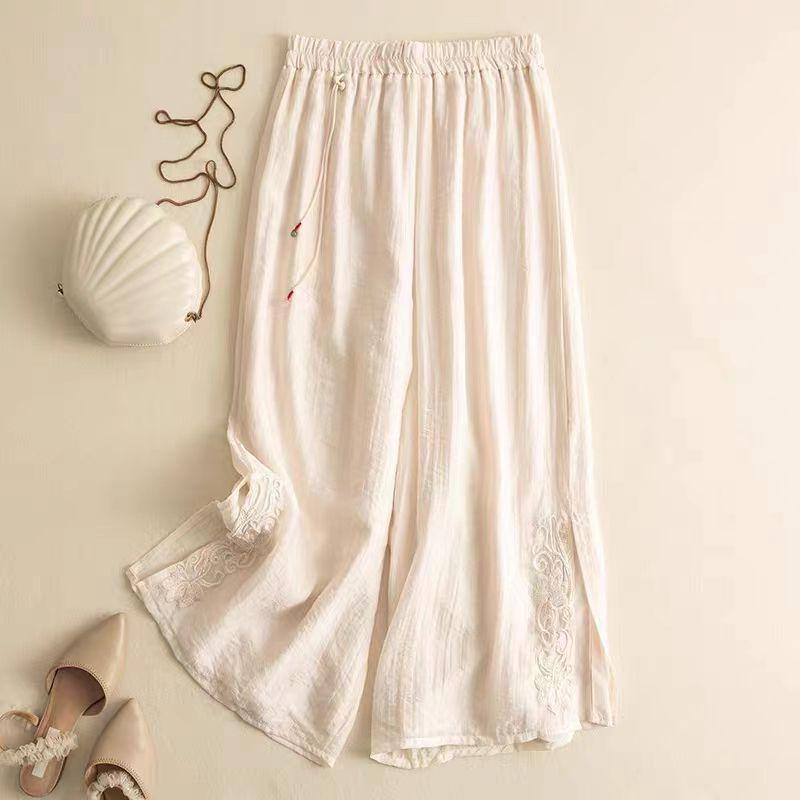 Leak-Picking ~ Counter Tail Linen Cropped Casual Pants Women's Artistic Embroidered High Waist Lightweight Summer Cotton and Linen Wide-Leg Pants