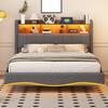 Children Bed Suspended Design Upholstered 140x200cm Linen Fabric, Multifunctional Storage with LED Light Light, USB And Type-C Interface, Beige
