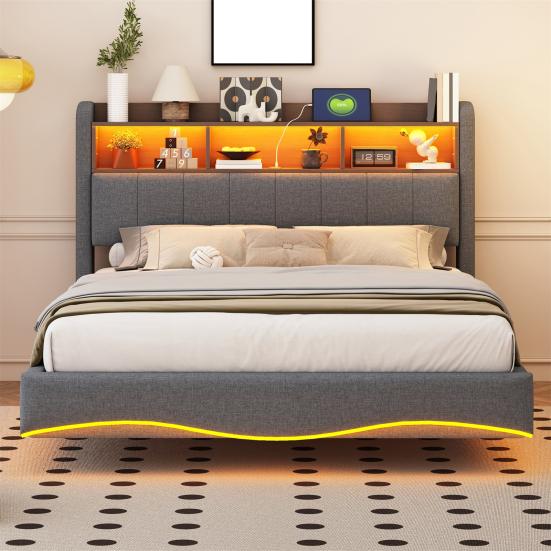 Children Bed Suspended Design Upholstered 140x200cm Linen Fabric, Multifunctional Storage with LED Light Light, USB And Type-C Interface, Beige